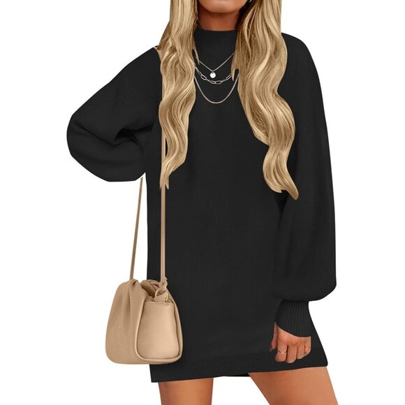 Women's Oversized Knit Turtleneck Sweater Dress Long Lantern Sleeves Casual